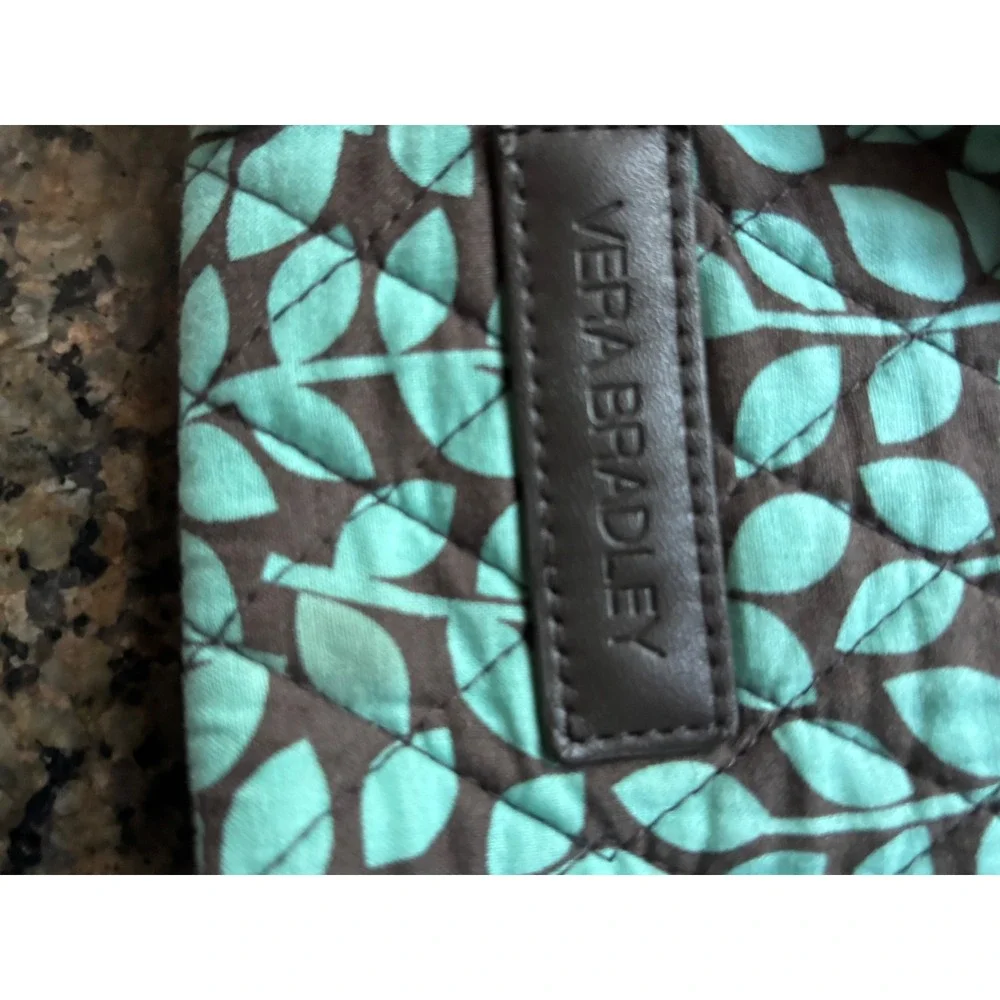 Vera Bradley Quilted Cotton Makeup Bag Turquoise Brown Leaf Print Cosmetic Pouch